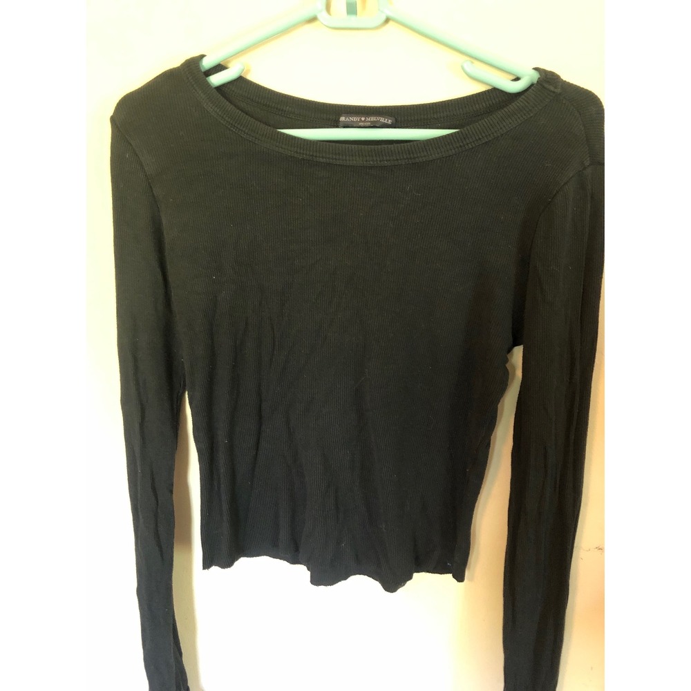 Brandy Melville Black Ribbed Long Sleeve Scoop Neck Cropped Top Womens One Size